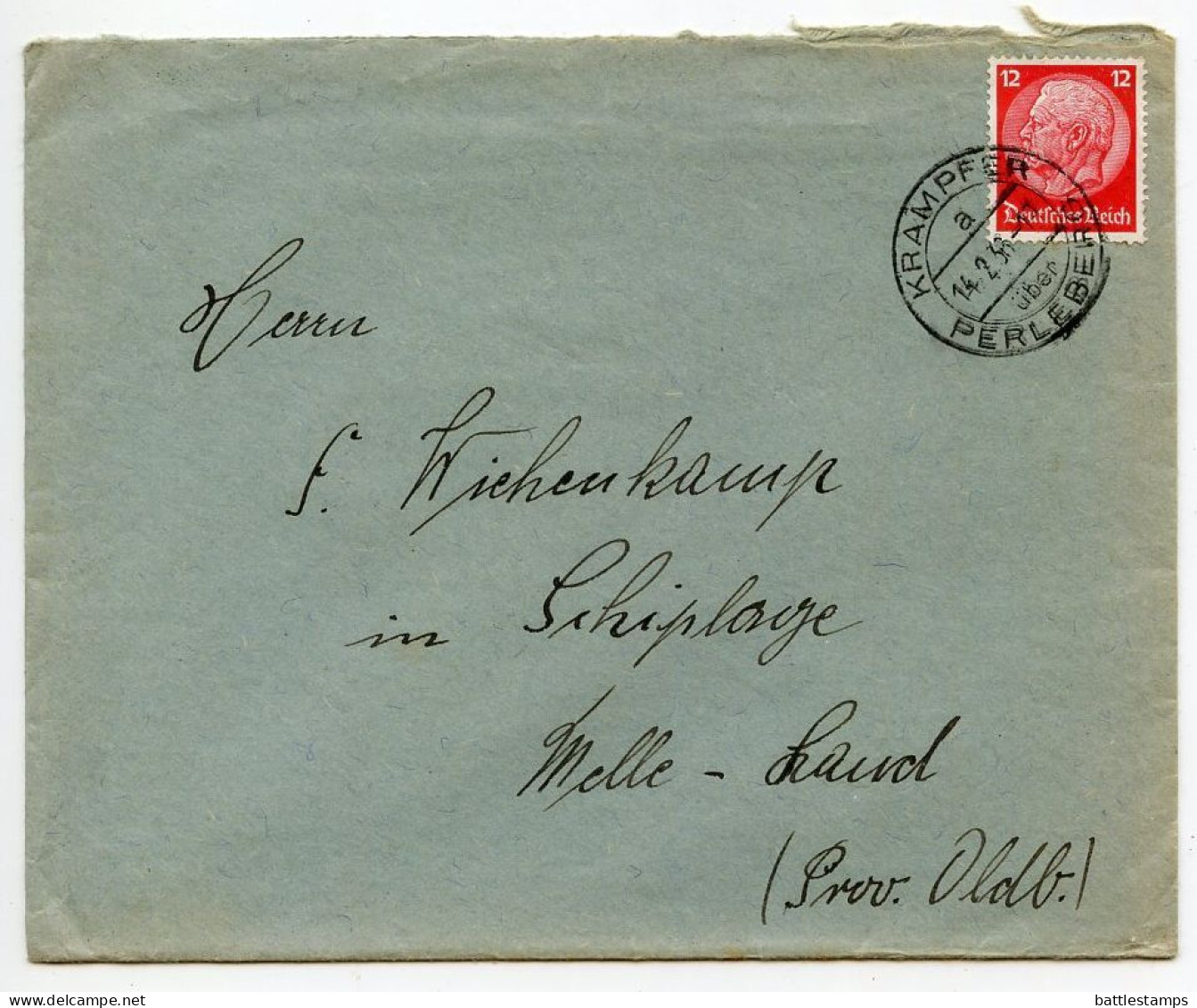 Germany 1936 Cover & Letter; Krampfer über Perleberg To Schiplage; 12pf. Hindenburg - Lettres & Documents