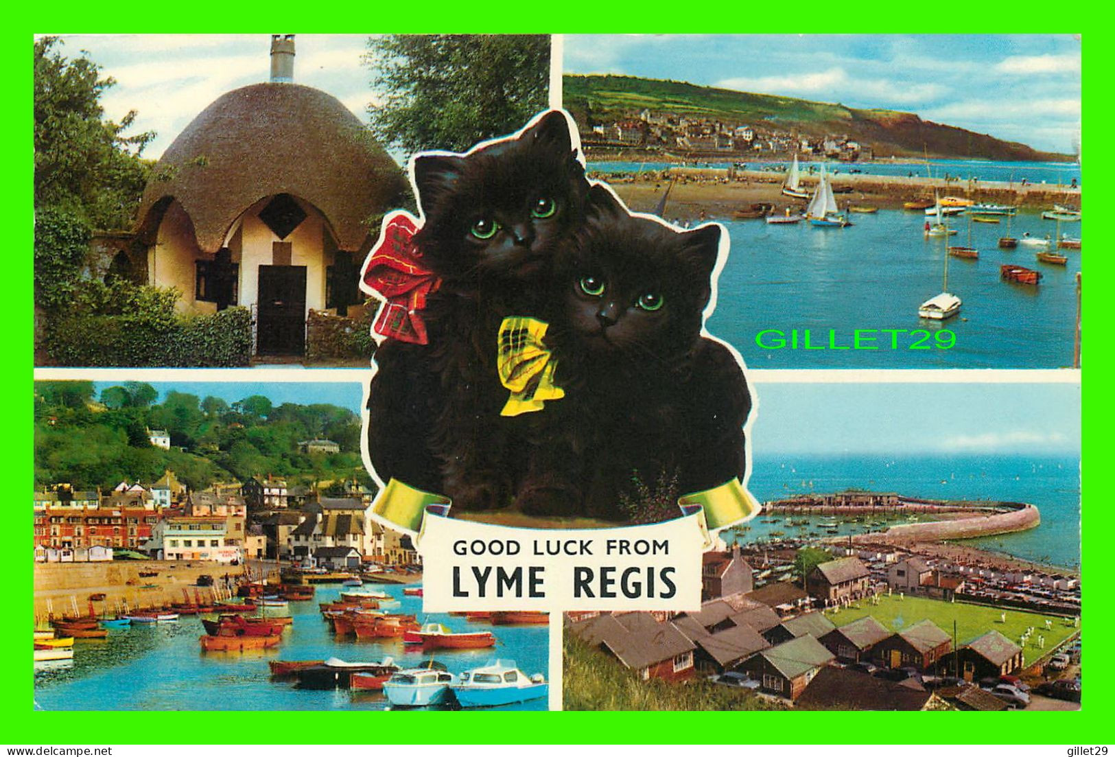 LYME REGIS, DORSET, UK - 2 BLACK CATS - 6 MULTIVUES - TRAVEL IN 1970 - UMBRELLA COTTAGE, THE COBB - THE HARBOUR - - Other & Unclassified