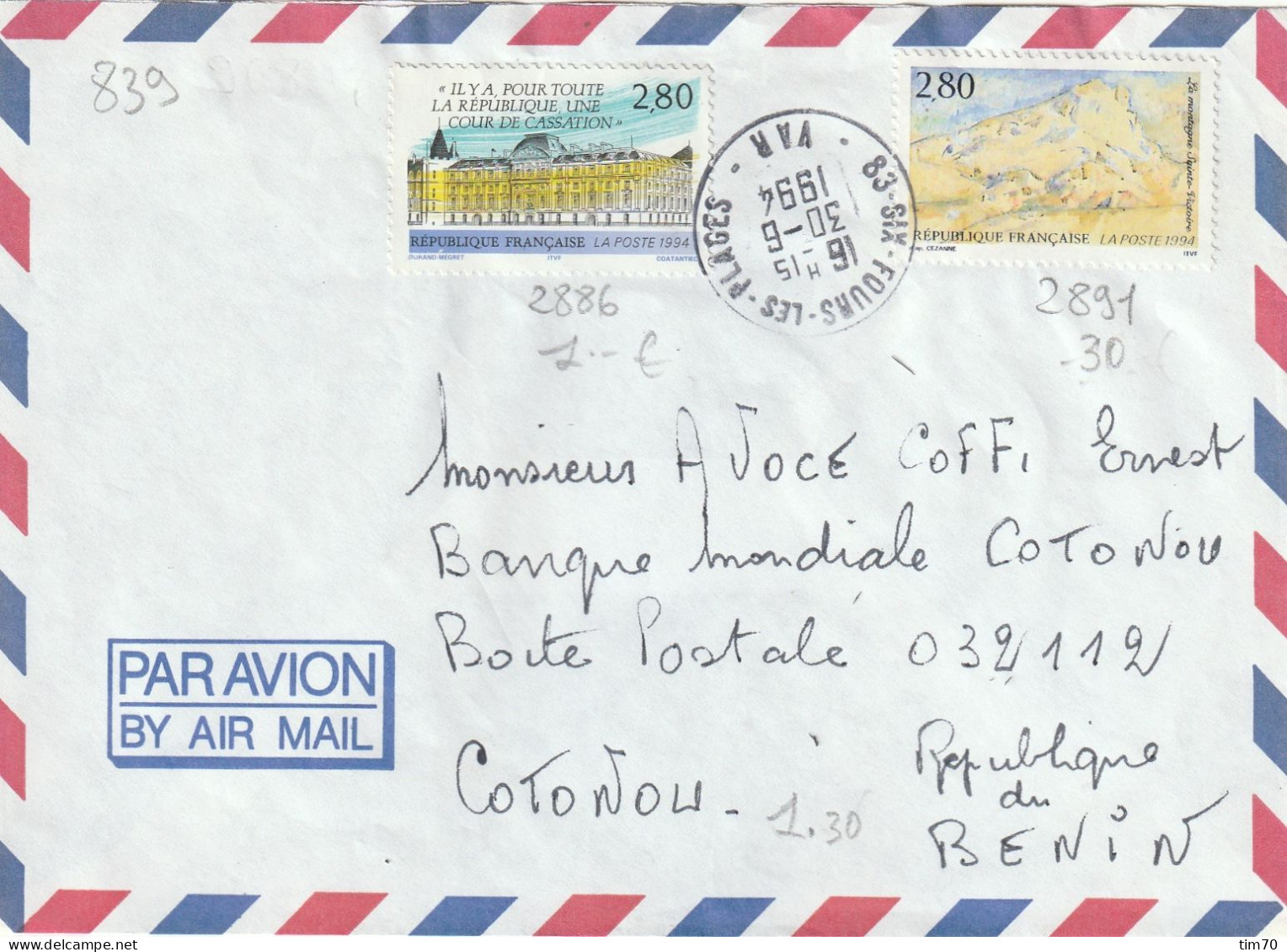 CAD 83  SIX FOURS LES PLAGES   / N° 2886  + N° 2891       POUR  COTONOU   REPUBLIQUE  DU  BENIN - Handstempel