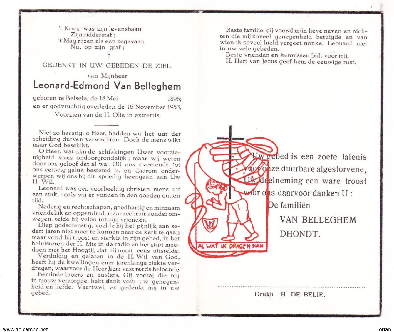 DP Leonard Edmond Van Belleghem / Dhondt ° Belsele Sint-Niklaas 1896 † 1953 - Devotion Images