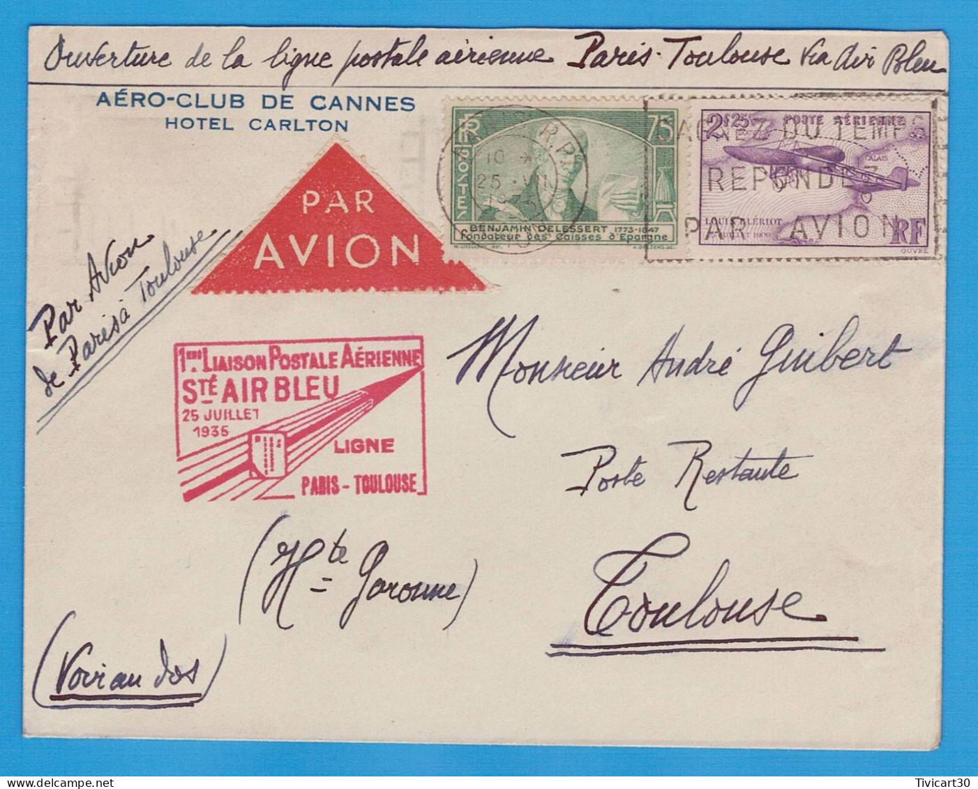 LETTRE PAR AVION POUR TOULOUSE - 1ére LIAISON POSTALE AERIENNE PARIS-TOULOUSE, Sté AIR BLEU, 25 JUILLET 1935 - 1927-1959 Brieven & Documenten