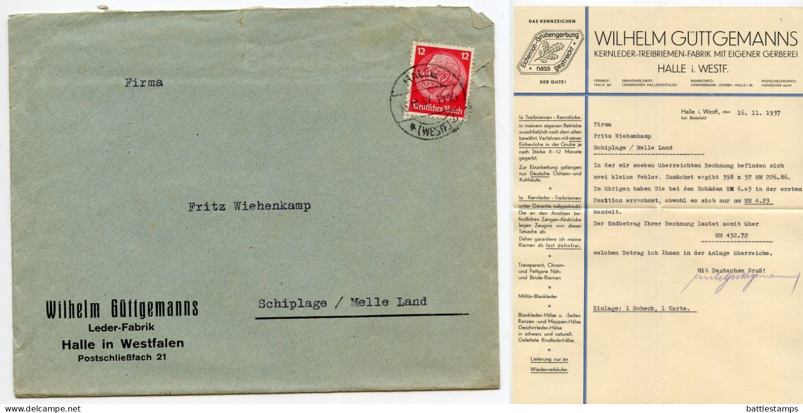 Germany 1937 Cover & Letter; Halle (Westf.) - Wilhelm Güttgemanns, Leder-Fabrik To Schiplage; 12pf. Hindenburg - Briefe U. Dokumente