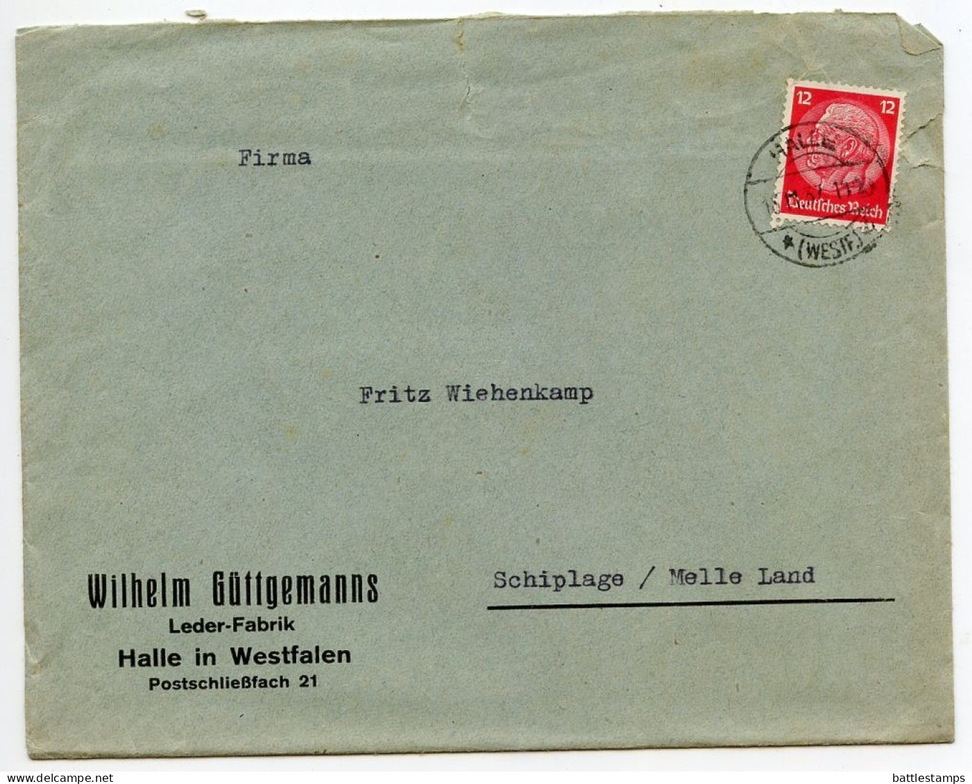 Germany 1937 Cover & Letter; Halle (Westf.) - Wilhelm Güttgemanns, Leder-Fabrik To Schiplage; 12pf. Hindenburg - Briefe U. Dokumente
