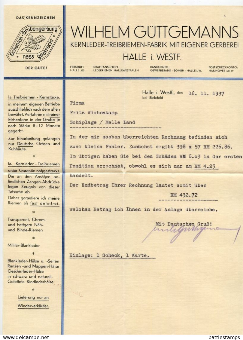 Germany 1937 Cover & Letter; Halle (Westf.) - Wilhelm Güttgemanns, Leder-Fabrik To Schiplage; 12pf. Hindenburg - Lettres & Documents
