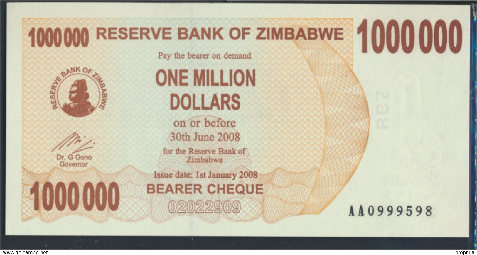 Simbabwe Pick-Nr: 53 Bankfrisch 2008 1 Mio. Dollars (9810966 - Zimbabwe