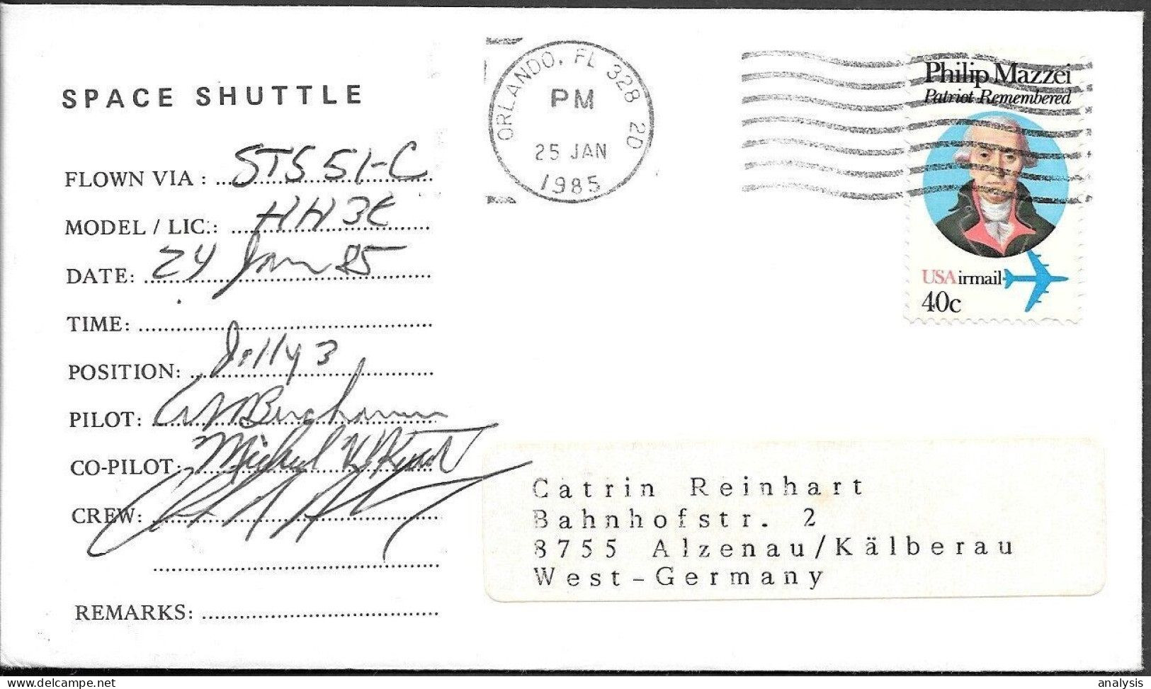 US Space Cover 1985. Discovery STS-51C Launch Support Flown Signed - Verenigde Staten