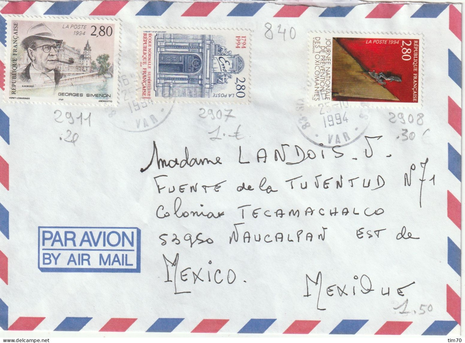 CAD 83  SIX FOURS LES PLAGES   / N° 2907    + N° 2908 + N° 2911      POUR MEXICO   MEXIQUE - Manual Postmarks