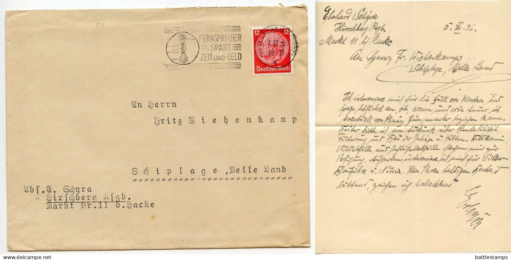 Germany 1936 Cover & Letter; Hirschberg (Riesengeb) To Schiplage; 12pf. Hindenburg; Telephone Slogan Cancel - Briefe U. Dokumente
