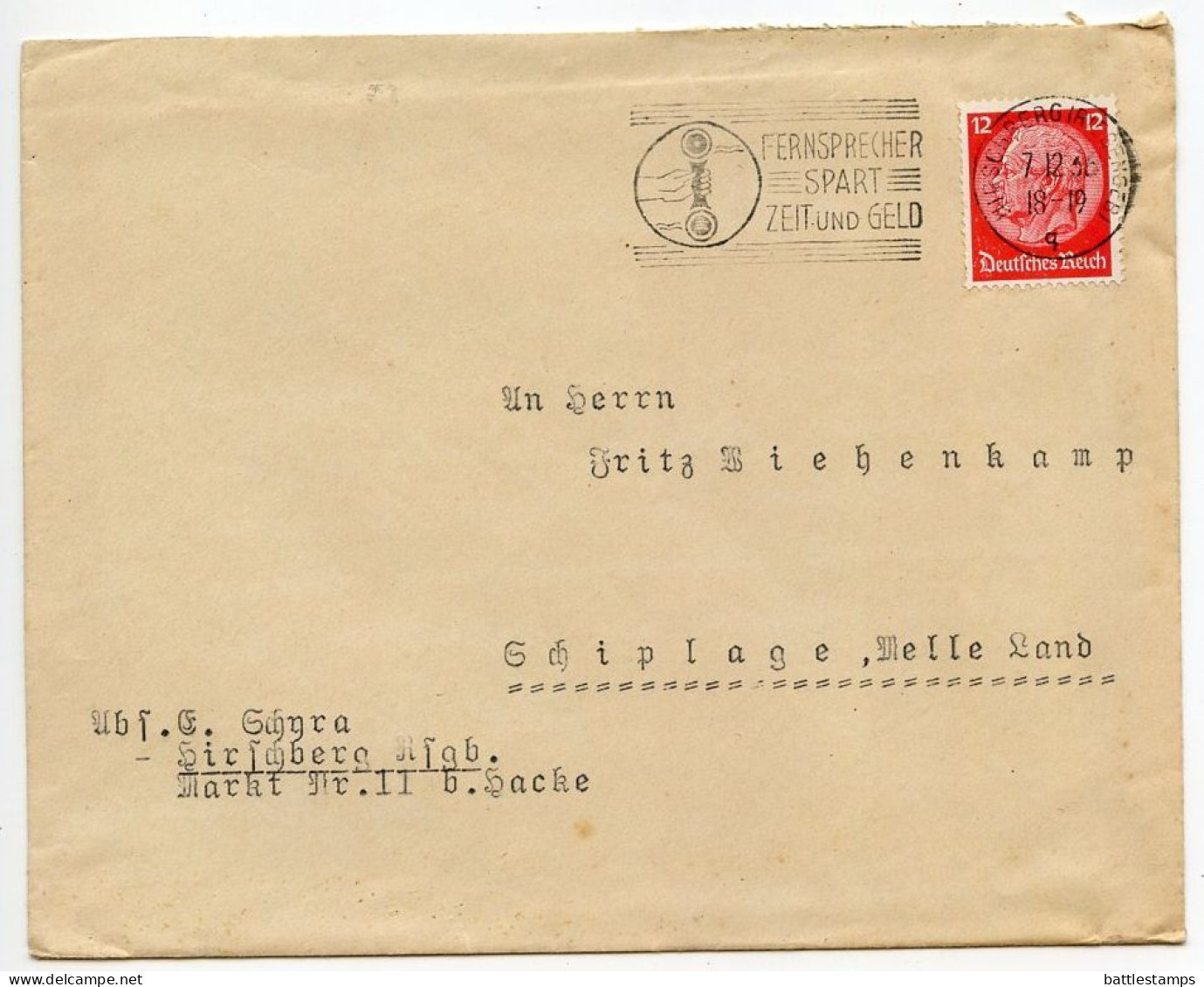 Germany 1936 Cover & Letter; Hirschberg (Riesengeb) To Schiplage; 12pf. Hindenburg; Telephone Slogan Cancel - Brieven En Documenten