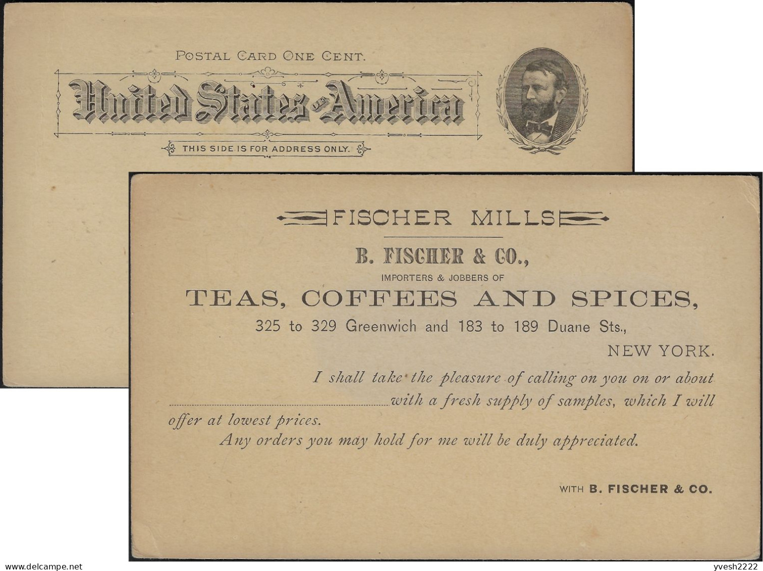 USA Vers 1890. Entier Postal, Carte Repiquée. Fischer Mills, Thé, Café, épices - Other & Unclassified