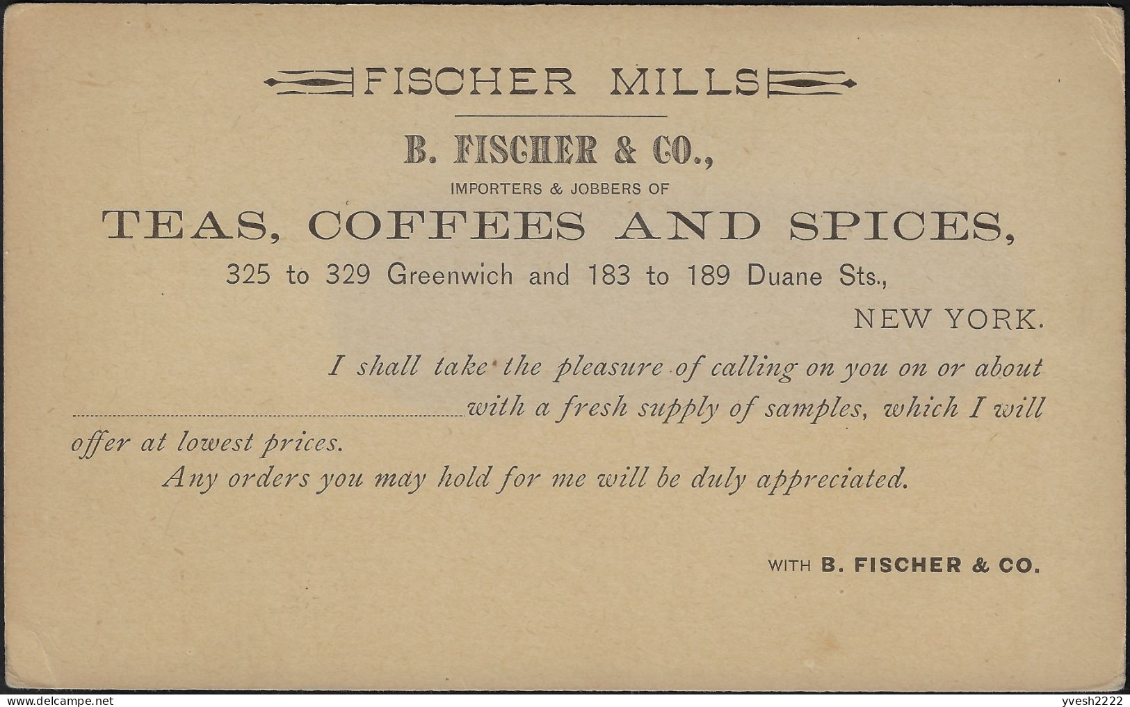 USA Vers 1890. Entier Postal, Carte Repiquée. Fischer Mills, Thé, Café, épices - Sonstige & Ohne Zuordnung