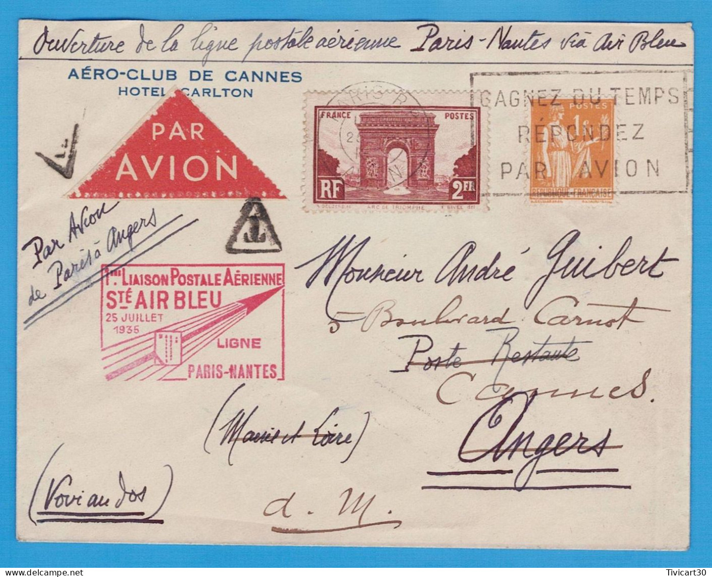 LETTRE PAR AVION - 1° LIAISON POSTALE AERIENNE Sté AIR BLEU LIGNE PARIS NANTES DU 25 JUILLET 1935 - AERO-CLUB CANNES - 1927-1959 Briefe & Dokumente