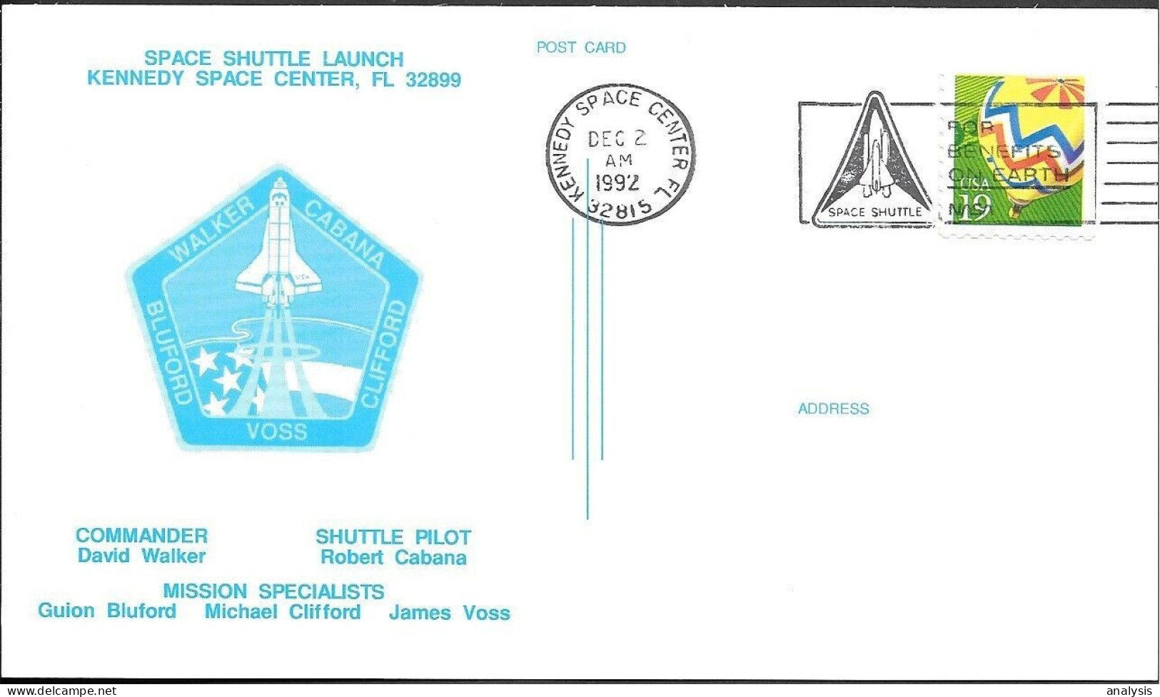 US Space Postcard 1992. Discovery STS-53 Launch. KSC - Stati Uniti