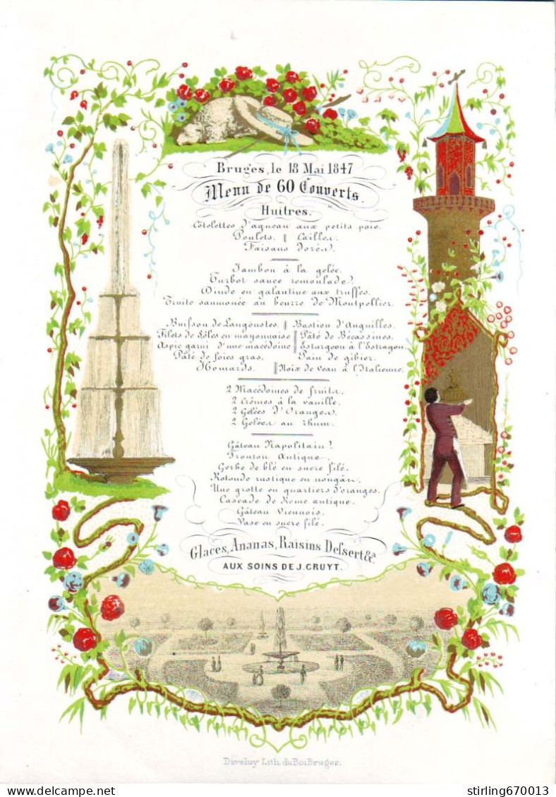 DE 1901 - Carte Porcelaine - Menu Aux Soins De J. Cruyt, (Hotel De Flandre), Bruges 1847 Imp Daveluy - Autres & Non Classés