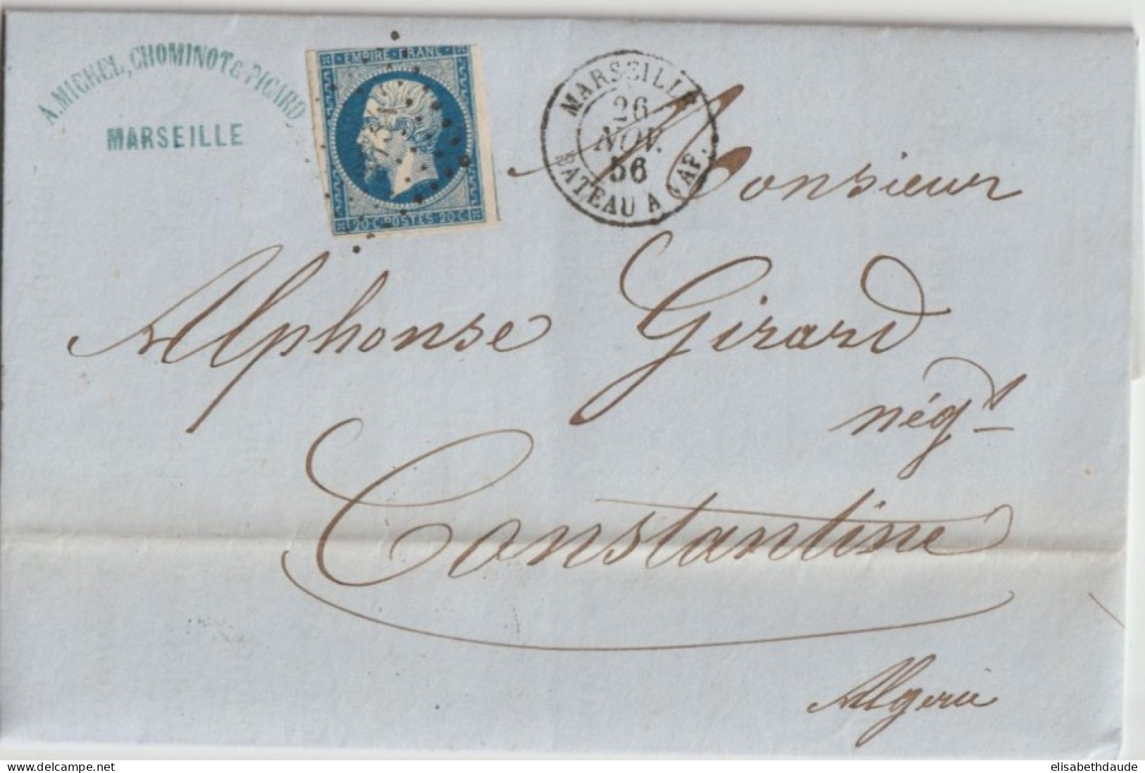 MARITIME - 1856 - BATEAU A VAP. MARSEILLE (IND 12) ! LETTRE => CONSTANTINE (ALGERIE) - Posta Marittima