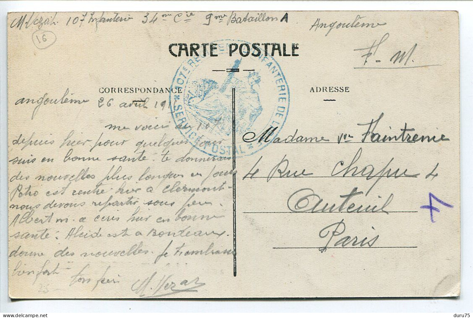 Sur CPA  ANGOULÊME à Foulpougne Auto Pont * Cachet Militaire 107e Régiment D'Infanterie De Ligne * Ecrite En1915 - Guerre De 1914-18