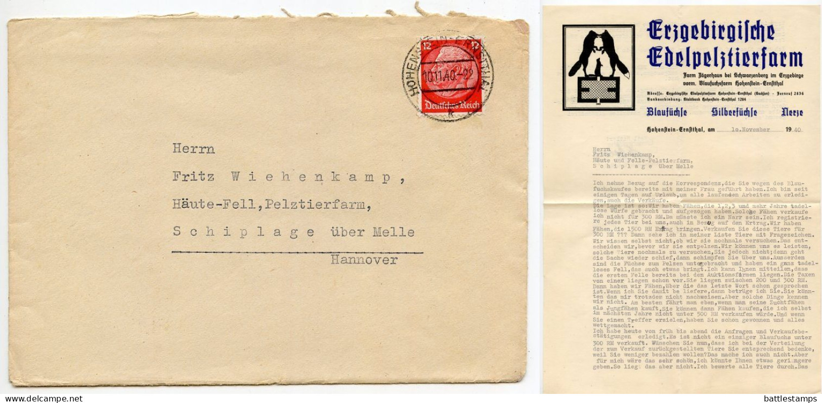 Germany 1940 Cover & Letter; Hohenstein-Ernstthal - Erzgebirgische Edelpelztierfarm To Schiplage; 12pf. Hindenburg - Briefe U. Dokumente