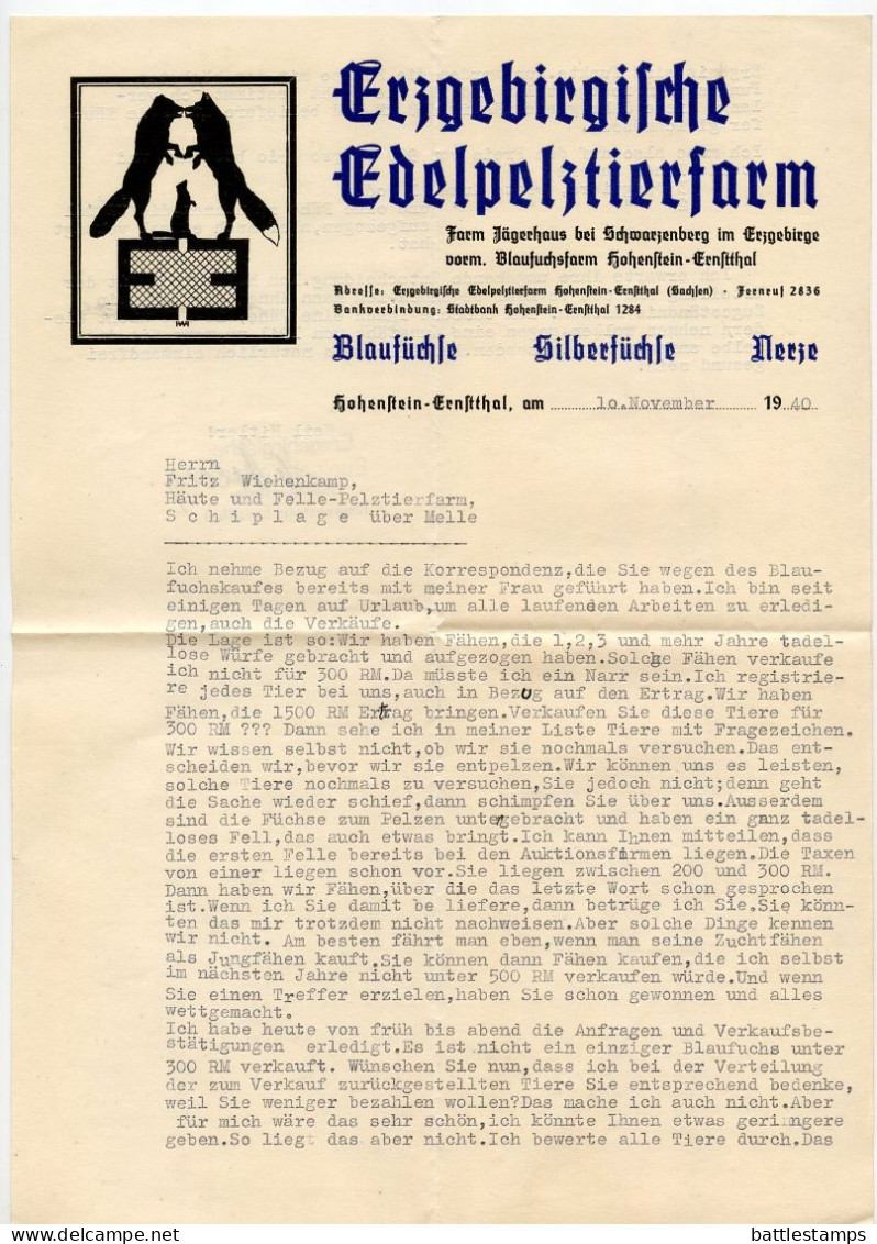 Germany 1940 Cover & Letter; Hohenstein-Ernstthal - Erzgebirgische Edelpelztierfarm To Schiplage; 12pf. Hindenburg - Lettres & Documents