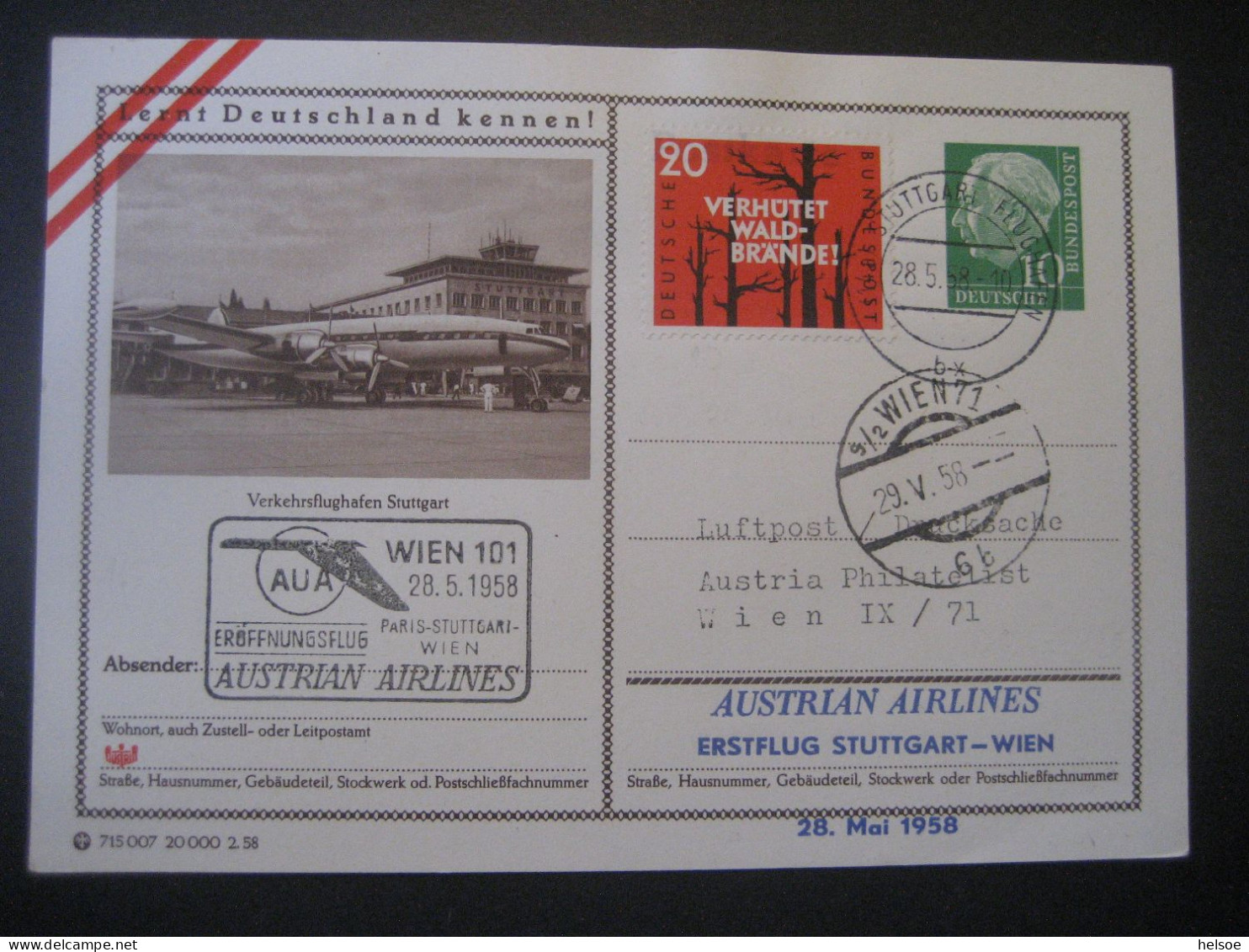 Deutschland- Ganzsache Bildpostkarte, Erstflug Stuttgart - Wien Mit Austrian Airlines - Cartes Postales Illustrées - Oblitérées