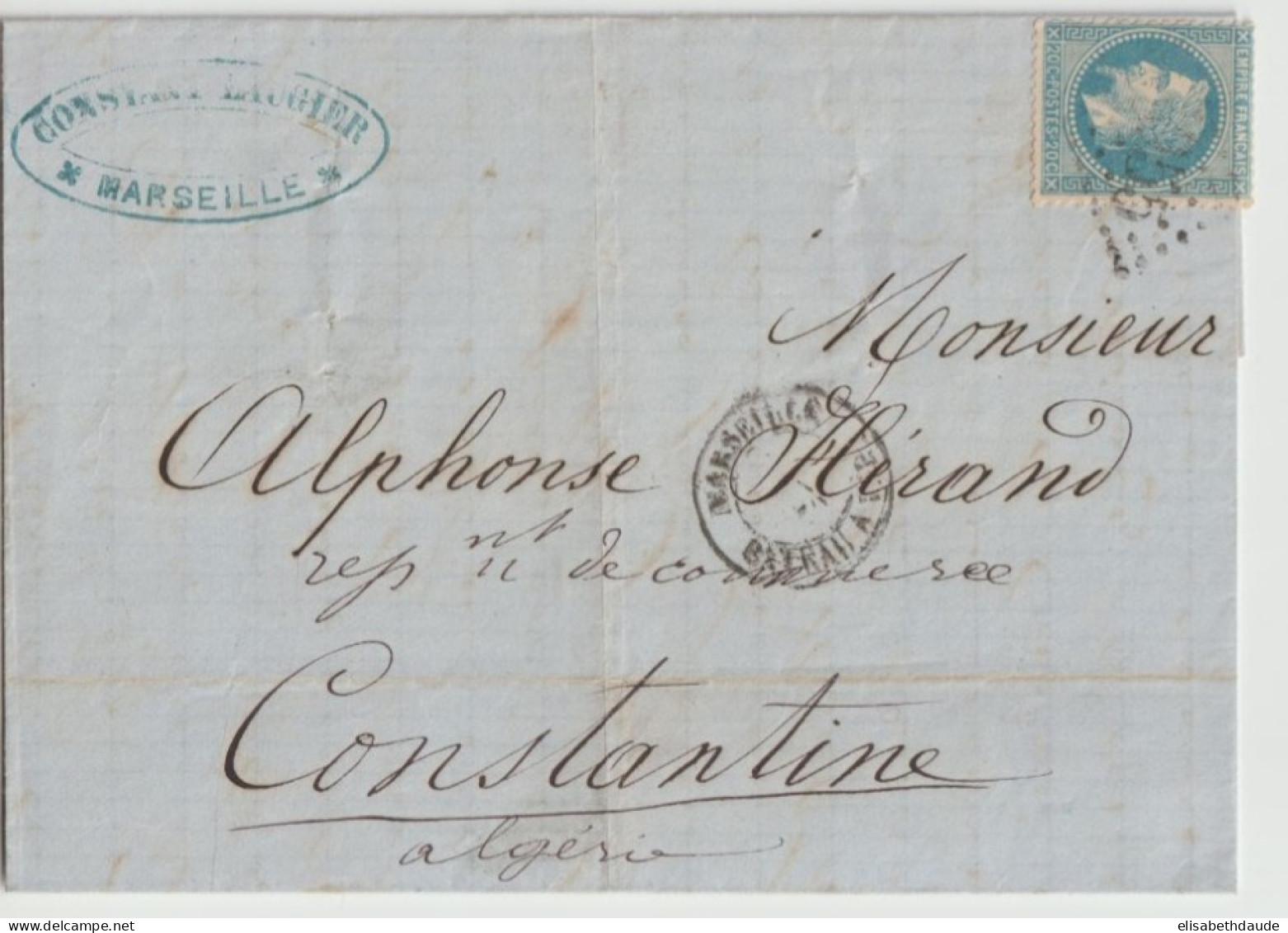 MARITIME + FISCAL ! - 1870 - BATEAU A VAP. MARSEILLE (IND 12) + TIMBRE DIMENSION 1F ! LETTRE => CONSTANTINE (ALGERIE) - 1849-1876: Période Classique