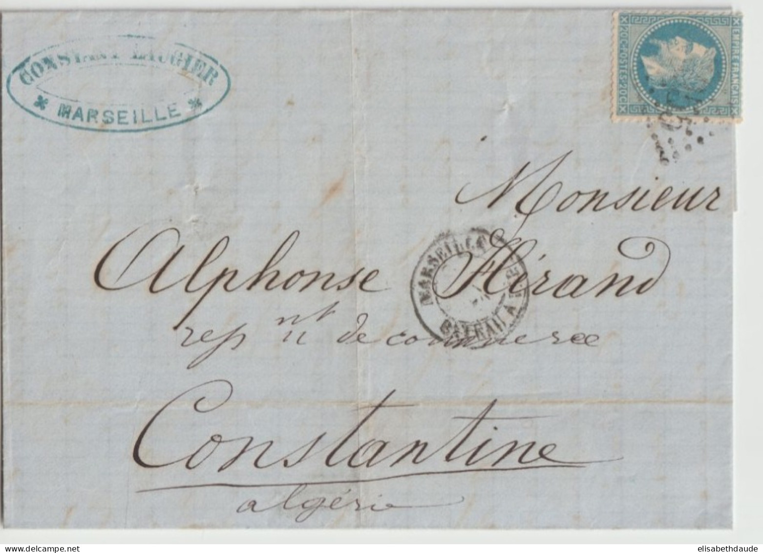 MARITIME + FISCAL ! - 1870 - BATEAU A VAP. MARSEILLE (IND 12) + TIMBRE DIMENSION 1F ! LETTRE => CONSTANTINE (ALGERIE) - 1849-1876: Classic Period