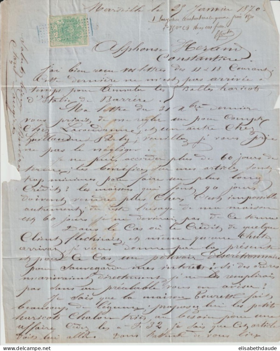 MARITIME + FISCAL ! - 1870 - BATEAU A VAP. MARSEILLE (IND 12) + TIMBRE DIMENSION 1F ! LETTRE => CONSTANTINE (ALGERIE) - 1849-1876: Période Classique