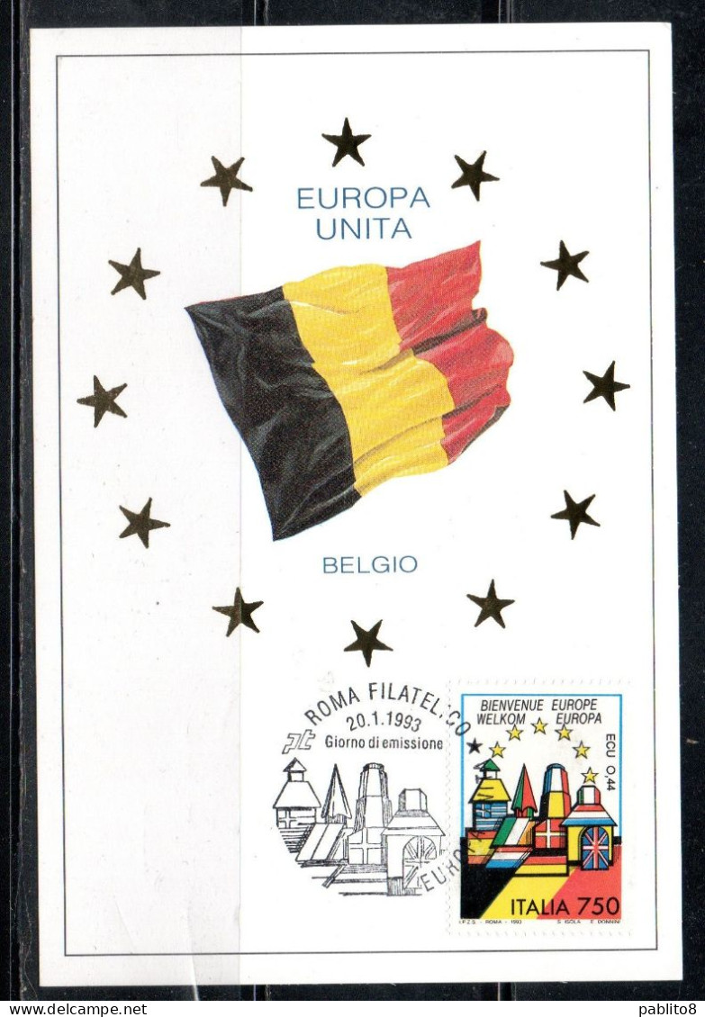 ITALIA REPUBBLICA ITALY REPUBLIC 1993 BENVENUTA EUROPA UNITA BELGIO LIRE 750 CEPT MAXI MAXIMUM CARD CARTOLINA CARTE - Maximum Cards