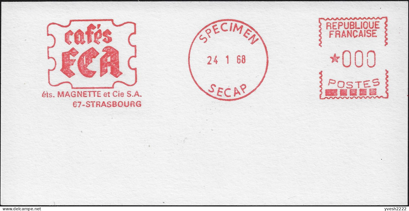 France 1968. Épreuve D'empreinte De Machine à Affranchir. Café FCA, Strasbourg - Autres & Non Classés