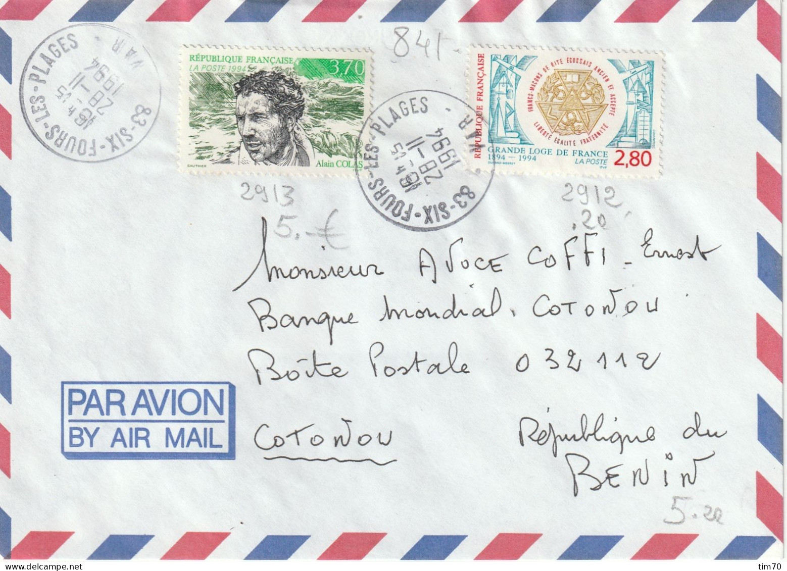 CAD 83  SIX FOURS LES PLAGES   / N° 2912    + N° 2913       POUR  COTONOU  REPUBLIQUE  DU  BENIN - Handstempel