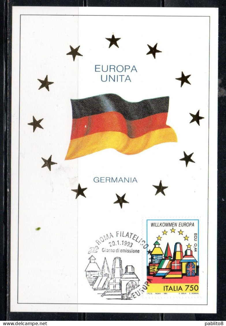 ITALIA REPUBBLICA ITALY REPUBLIC 1993 BENVENUTA EUROPA UNITA GERMANIA LIRE 750 CEPT MAXI MAXIMUM CARD CARTOLINA CARTE - Maximum Cards