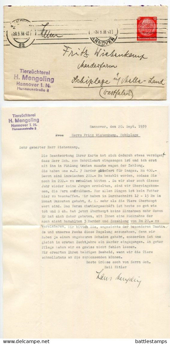 Germany 1939 Cover & Letter; Hannover - H. Mengeling, Tierzüchterei To Schiplage; 12pf. Hindenburg - Briefe U. Dokumente