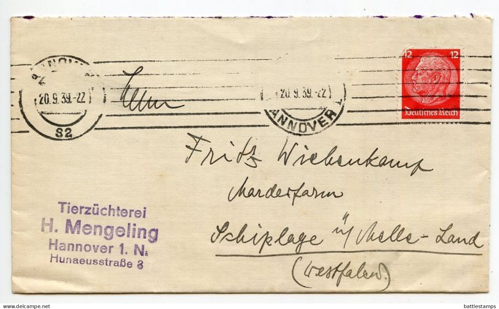 Germany 1939 Cover & Letter; Hannover - H. Mengeling, Tierzüchterei To Schiplage; 12pf. Hindenburg - Briefe U. Dokumente