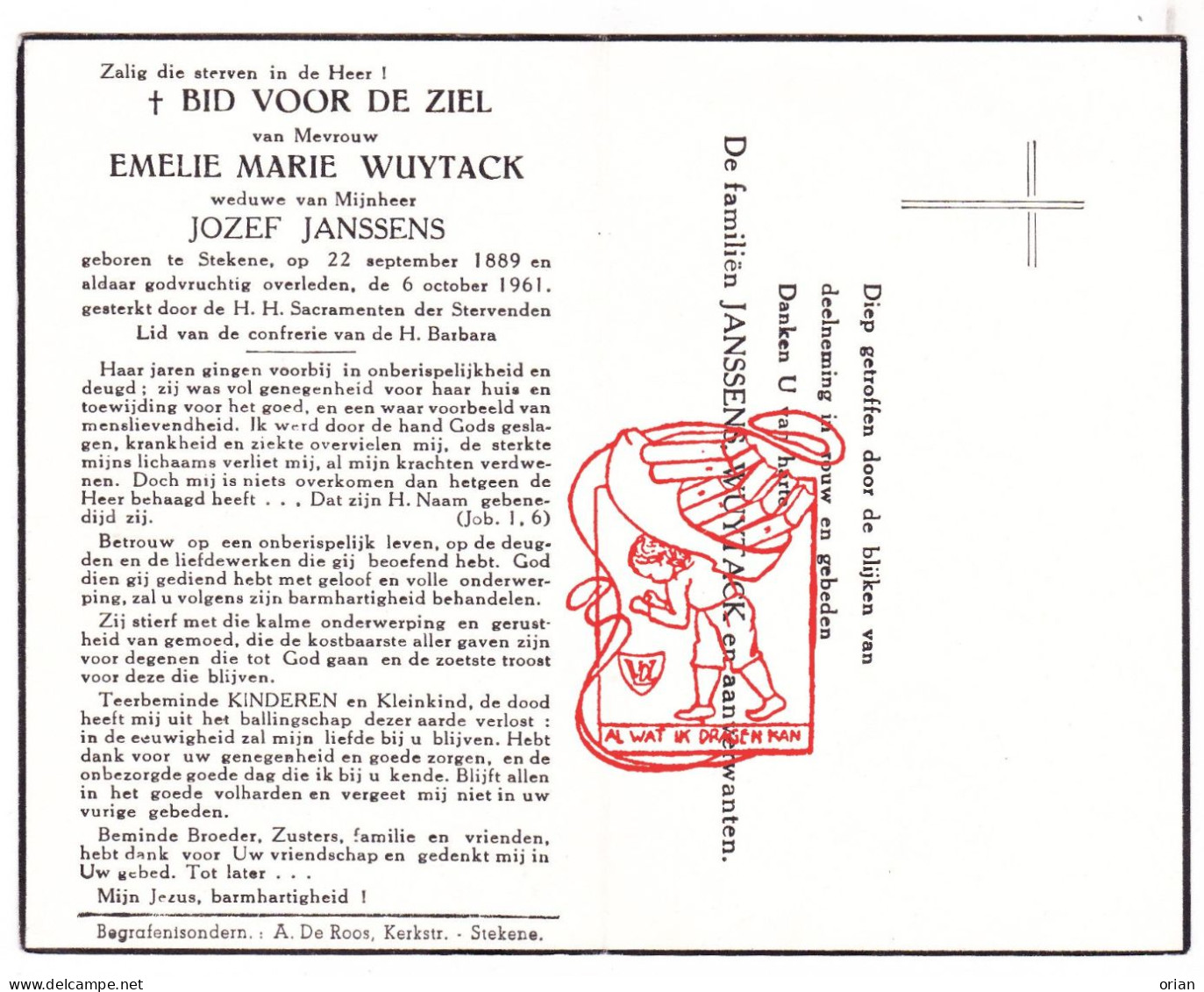 DP Emelie Marie Wuytack ° Stekene 1889 † 1961 X Jozef Janssens - Images Religieuses