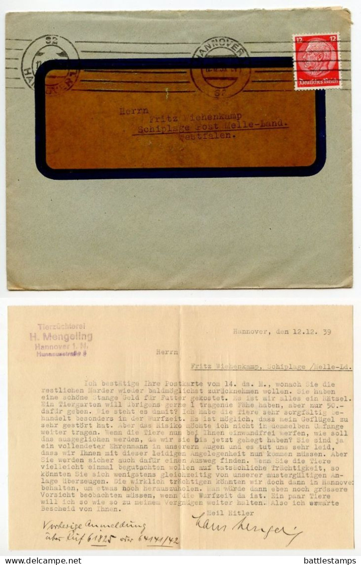 Germany 1939 Cover & Letter; Hannover - H. Mengeling, Tierzüchterei To Schiplage; 12pf. Hindenburg - Cartas & Documentos