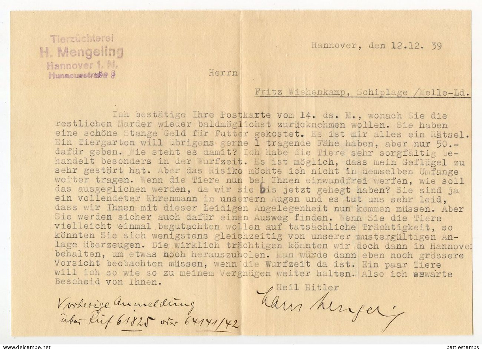 Germany 1939 Cover & Letter; Hannover - H. Mengeling, Tierzüchterei To Schiplage; 12pf. Hindenburg - Brieven En Documenten