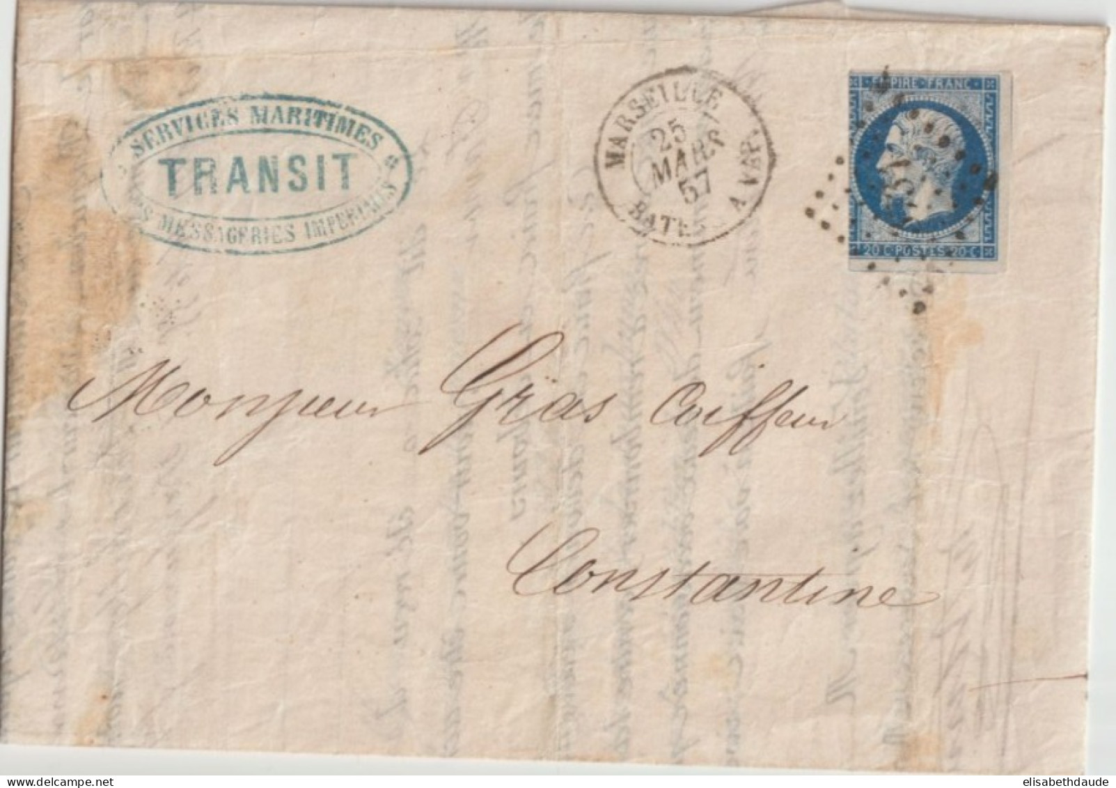 MARITIME ! - 1870 - BATEAU A VAP. MARSEILLE (IND 12) / LETTRE MESSAGERIES IMPERIALES => CONSTANTINE (ALGERIE) - Poste Maritime