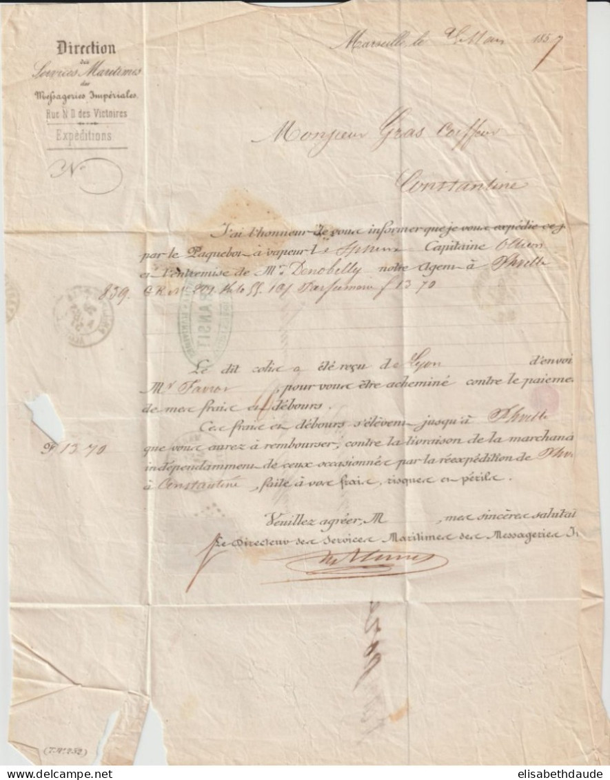 MARITIME ! - 1870 - BATEAU A VAP. MARSEILLE (IND 12) / LETTRE MESSAGERIES IMPERIALES => CONSTANTINE (ALGERIE) - Correo Marítimo