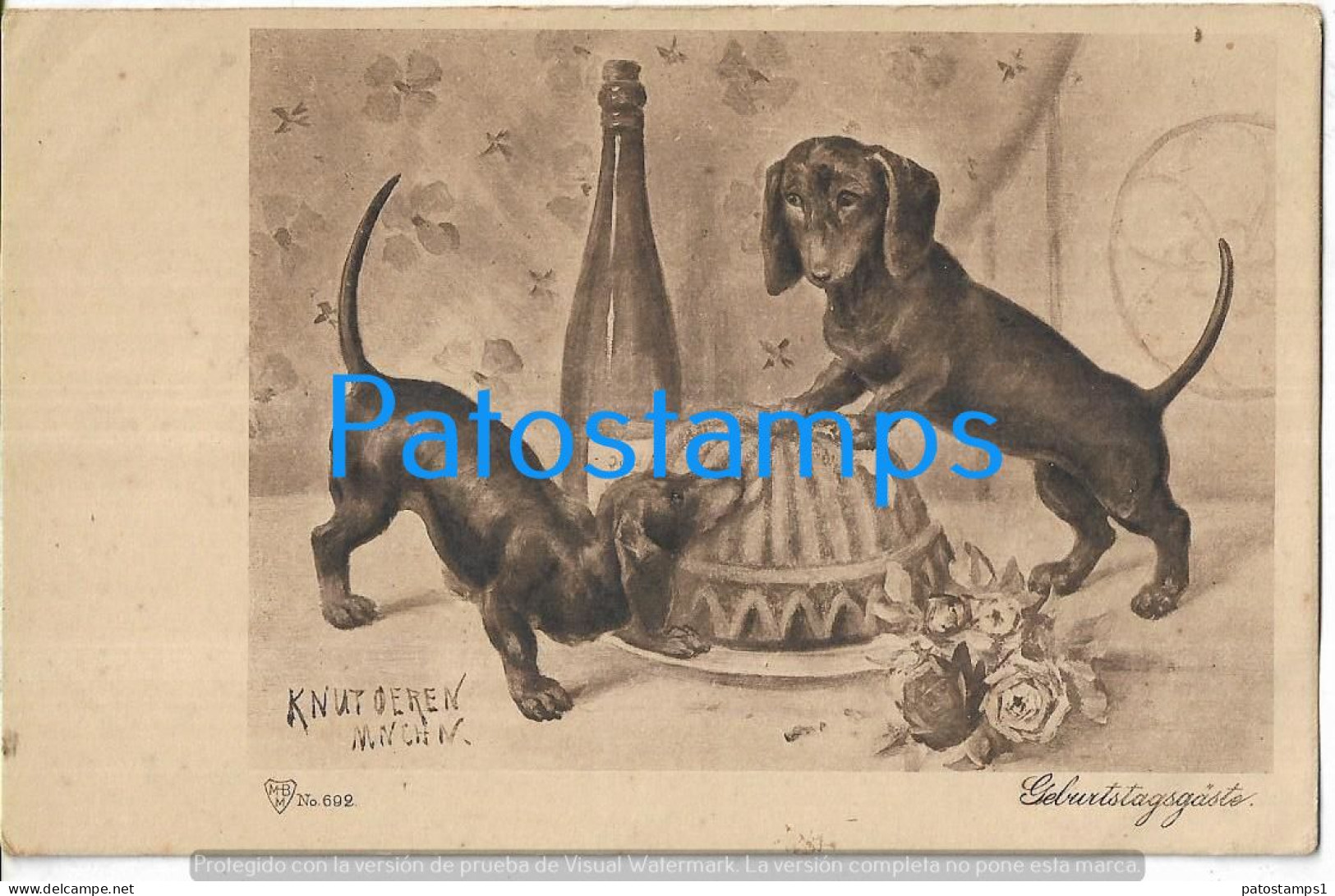 229027 ART ARTE SIGNED KNUT OEREN THE COUPLE DOG SAUSAGE WITH FLAN AND BOTTLE POSTAL POSTCARD - Other & Unclassified
