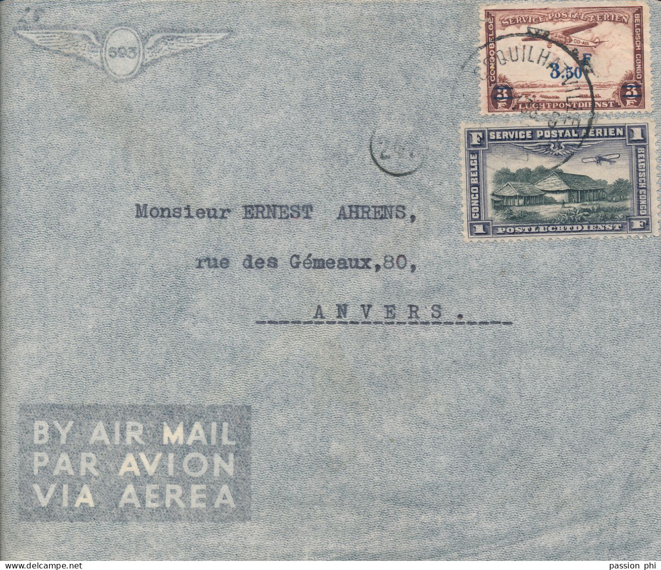 BELGIAN CONGO LETTRE PAR AVION DE COQUILHATVILLE 1938 VERS ANVERS - Lettres & Documents
