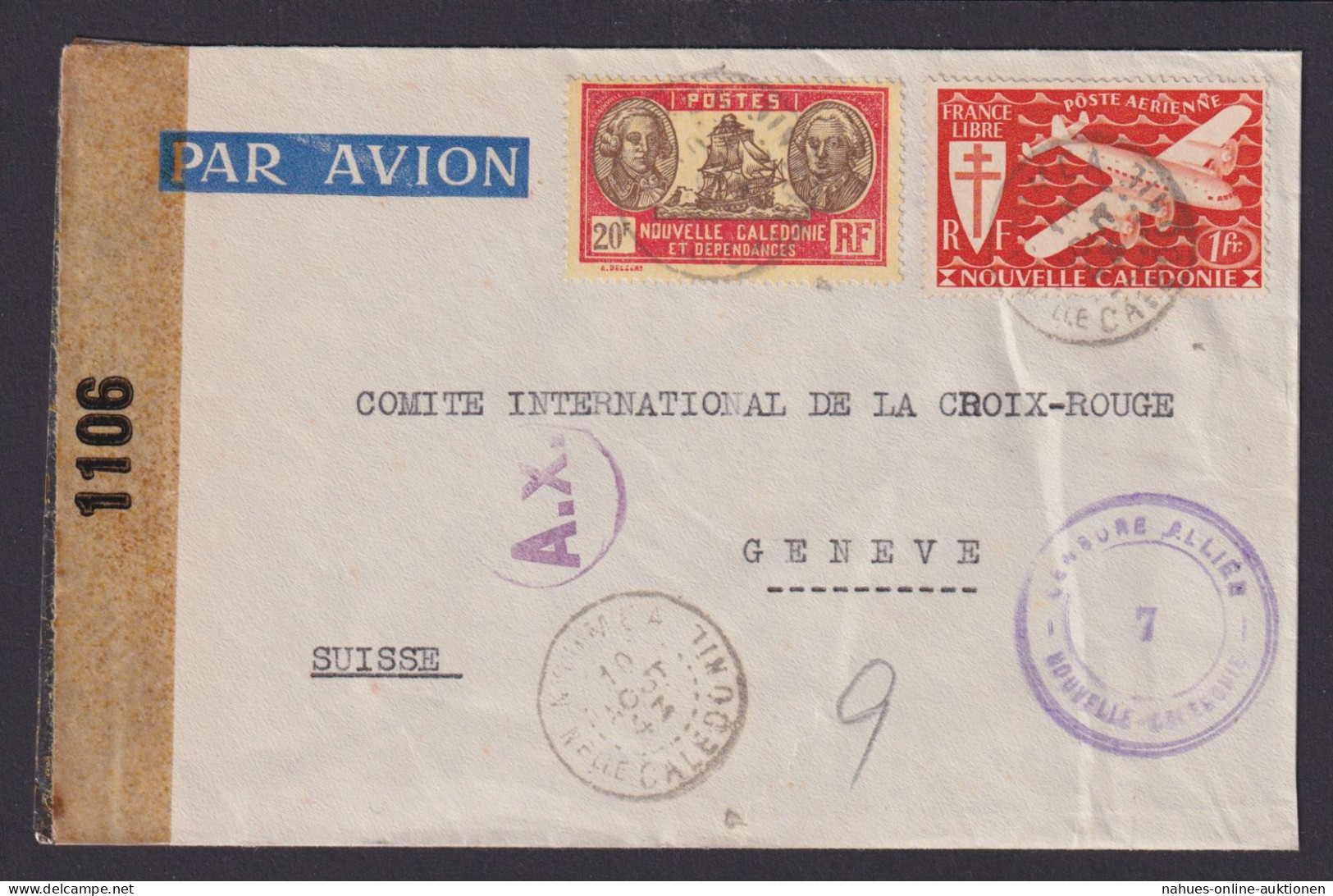 Flugpost Neukaledonien Frankreich Kolonien Zensur Brief MIF 21 Fr. Genf Schweiz - Briefe U. Dokumente