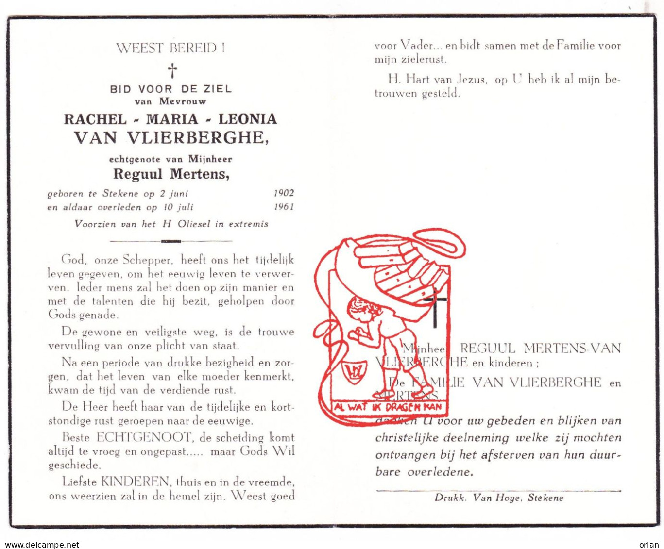 DP Rachel Maria Van Vlierberghe ° Stekene 1902 † 1961 X Reguul Mertens - Images Religieuses