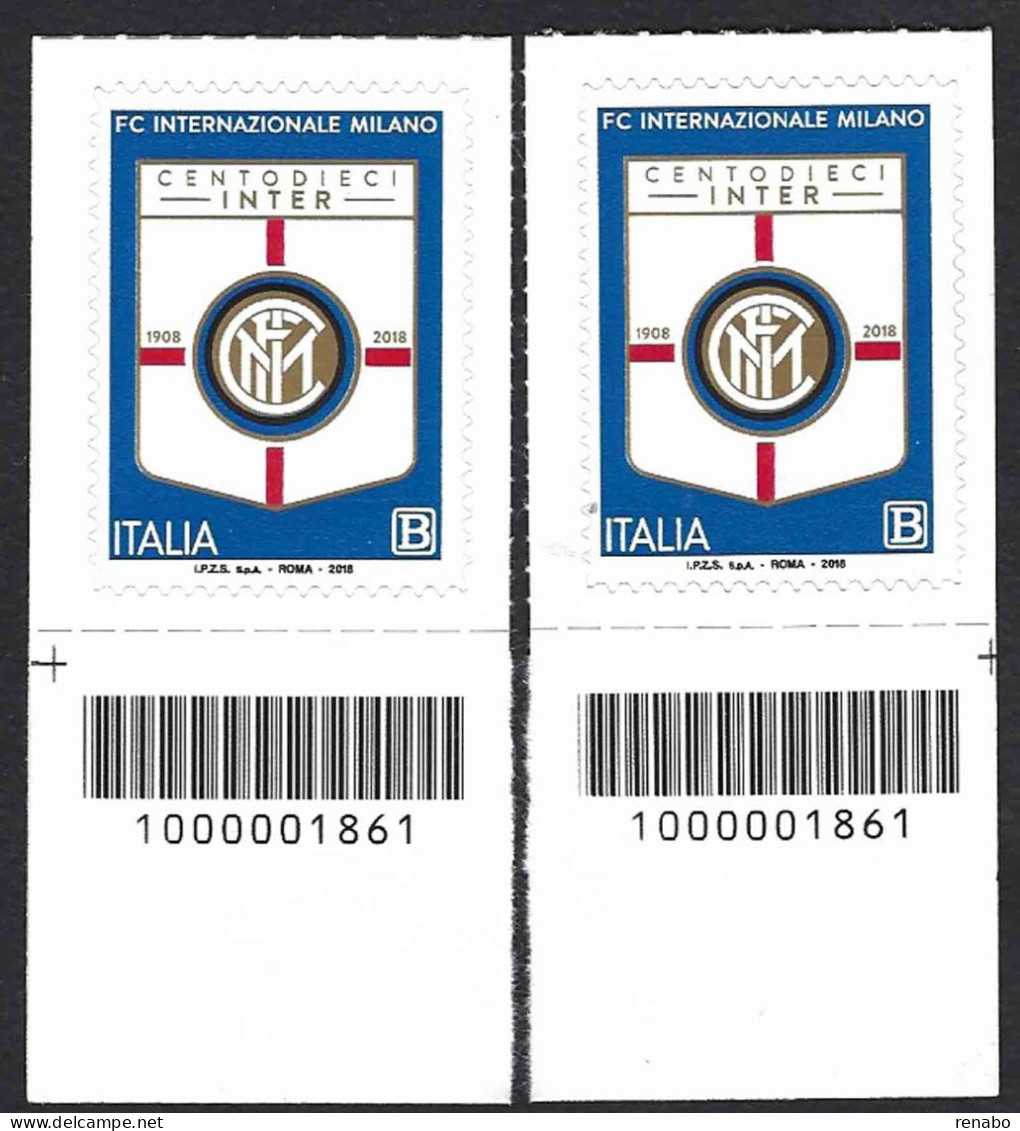 Italia 2018; F C Internazionale Milano - INTER, 110° Anniversario: 2 Francobolli A Barre Opposte. - Bar Codes