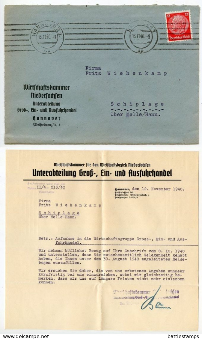 Germany 1940 Cover & Letter; Hannover - Wirtschaftskammer Niedersachsen To Schiplage; 12pf. Hindenburg - Lettres & Documents