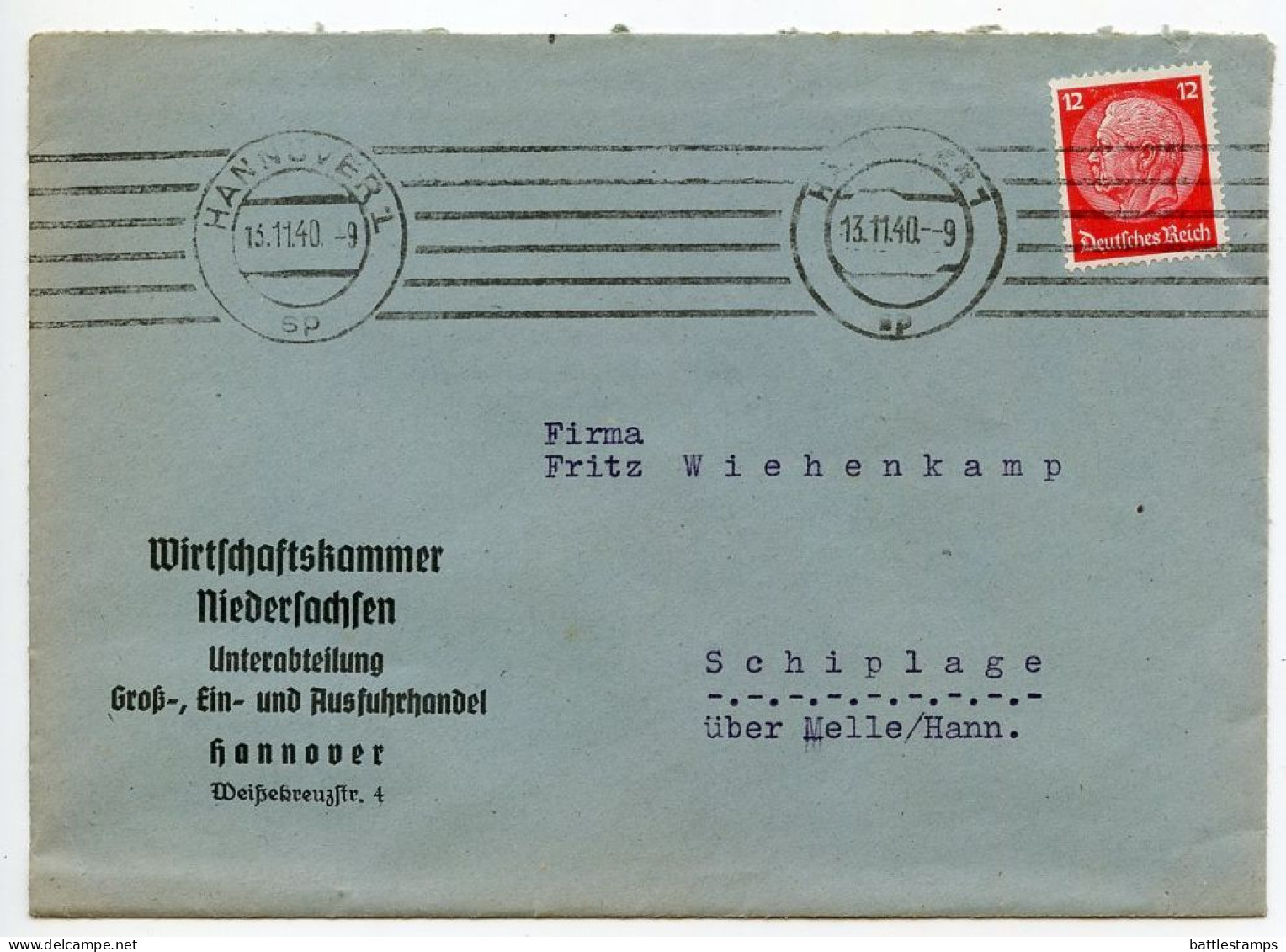 Germany 1940 Cover & Letter; Hannover - Wirtschaftskammer Niedersachsen To Schiplage; 12pf. Hindenburg - Brieven En Documenten