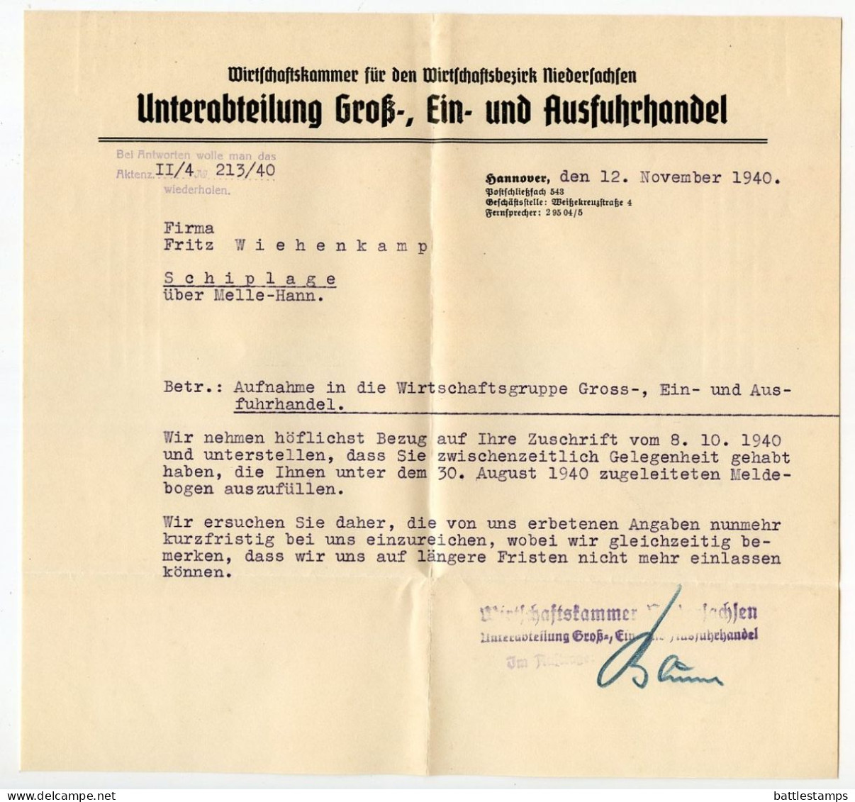 Germany 1940 Cover & Letter; Hannover - Wirtschaftskammer Niedersachsen To Schiplage; 12pf. Hindenburg - Brieven En Documenten