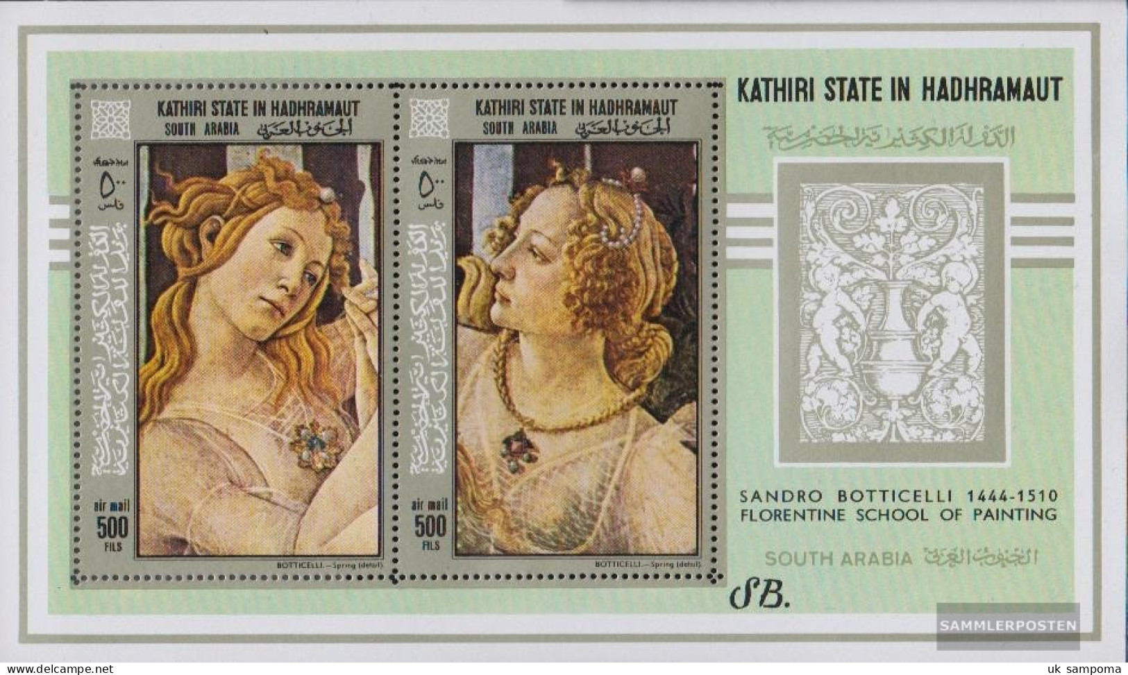 Aden - Kathiri State Block18A (complete Issue) Unmounted Mint / Never Hinged 1967 Paintings Of Botticelli - Ver. Arab. Emirate