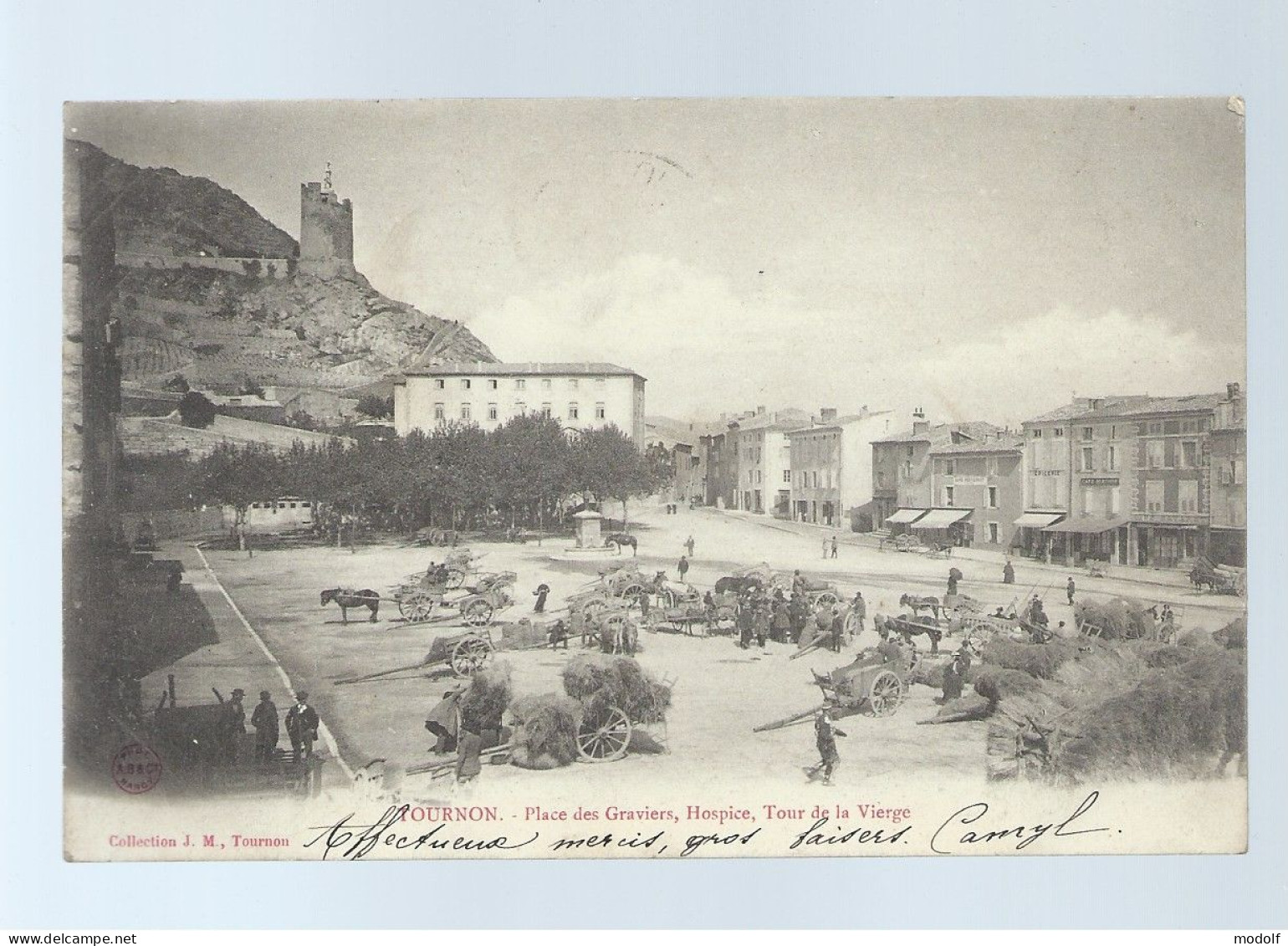 CPA - 07 - Tournon - Place Des Graviers, Hospice, Tour De La Vierge - Animée (marché) - Précurseur - Circulée En 1902 - Tournon