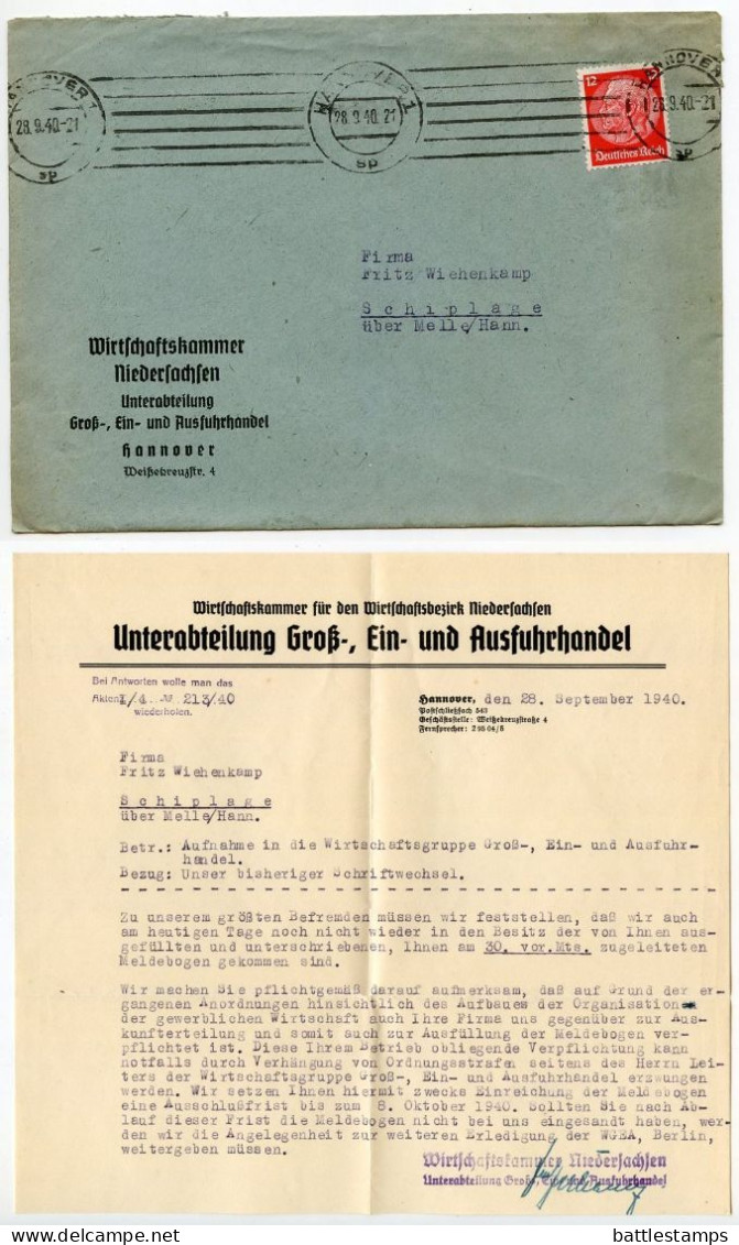 Germany 1940 Cover & Letter; Hannover - Wirtschaftskammer Niedersachsen To Schiplage; 12pf. Hindenburg - Briefe U. Dokumente