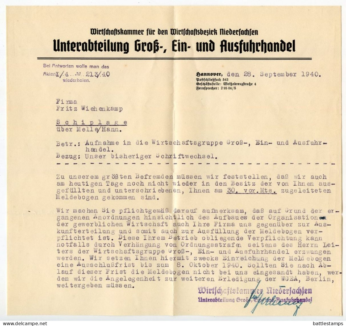 Germany 1940 Cover & Letter; Hannover - Wirtschaftskammer Niedersachsen To Schiplage; 12pf. Hindenburg - Brieven En Documenten