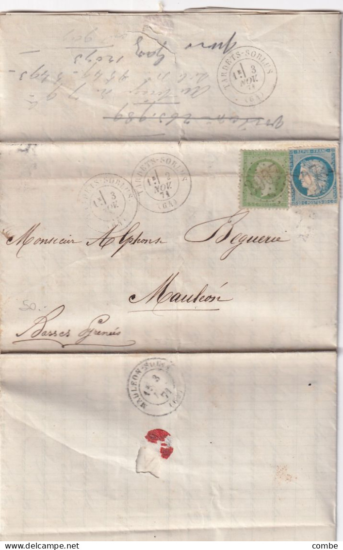 LETTRE. SEPT 71. TARDETS-SORLUS. BASSES PYRENEES.. GC 3907. POUR MAULEON - 1849-1876: Période Classique